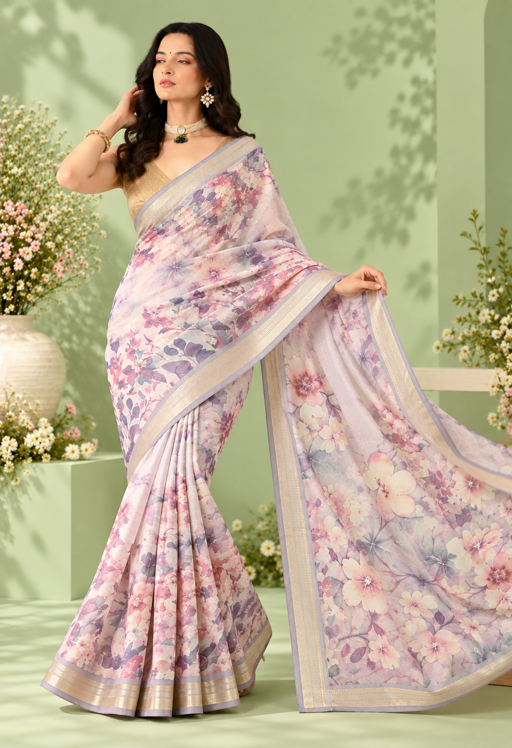 Elegant Ivory Floral Printed Saree with Soft Pastel Border
