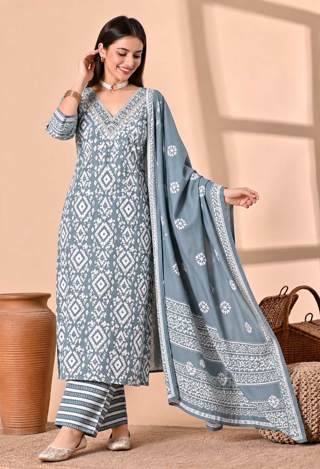 Grey Blue Cotton Printed Suit Set with Matching Cotton Dupatta for Women