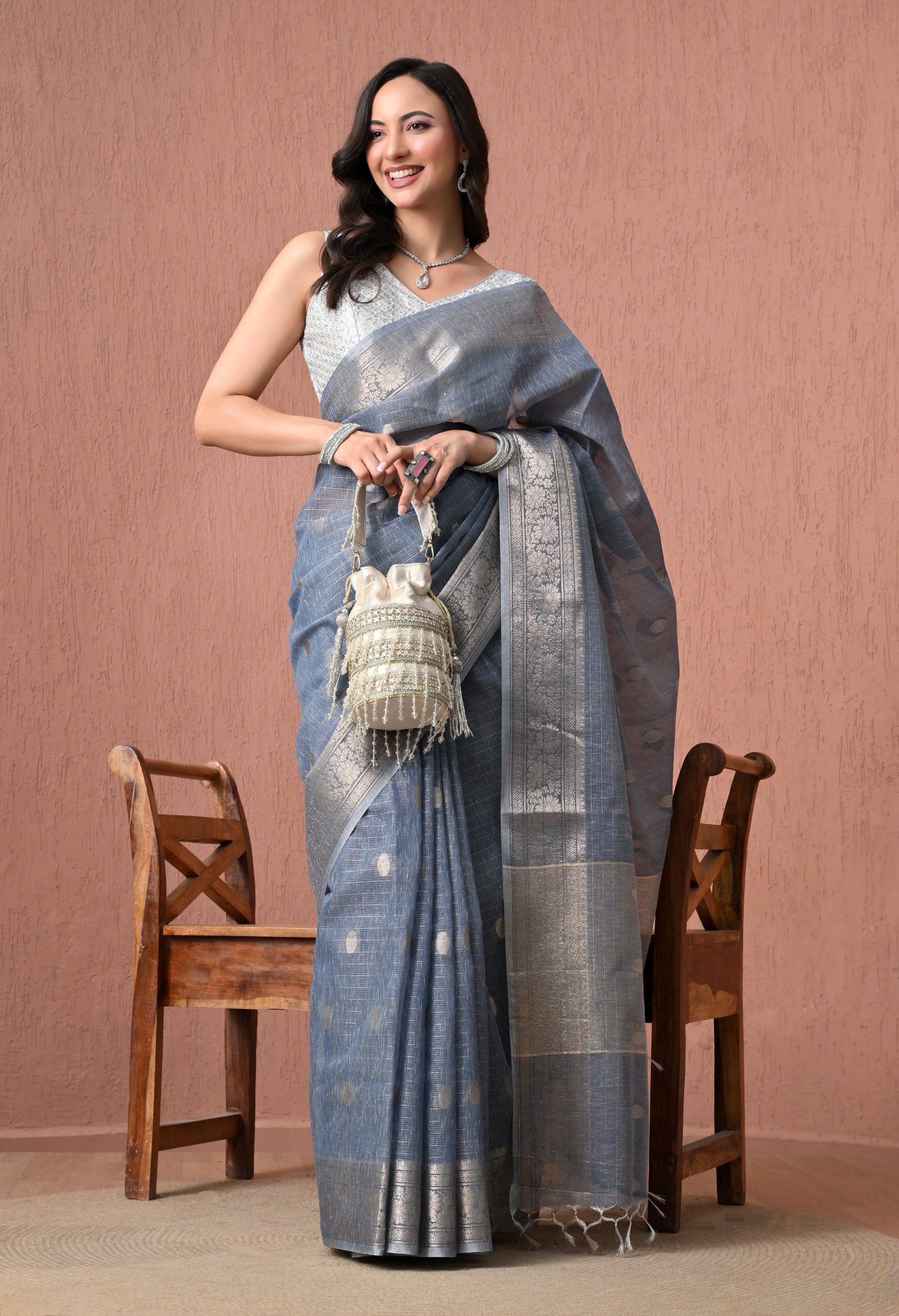 Elegant Steel Blue Cotton Saree with Silver Zari Border