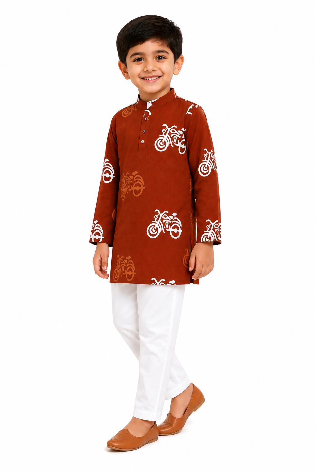 Boys Rust-Brown Auto/Bike Print Cotton Kurta with Pyjama Set