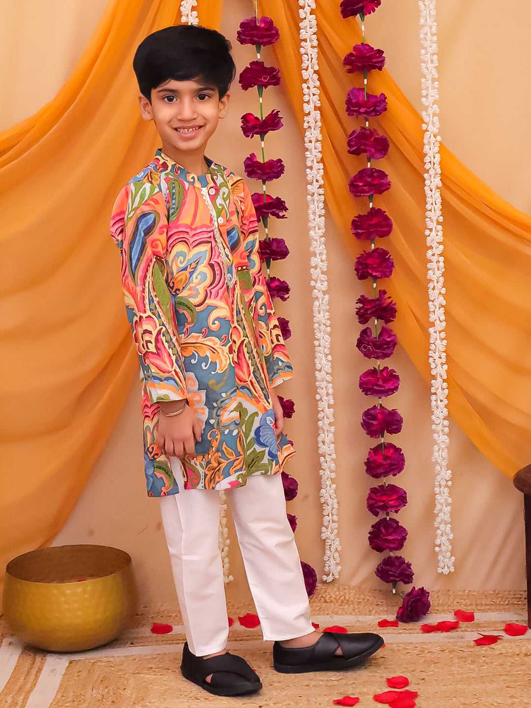 Boys' Cotton Multi-Color Printed Kurta Pajama Set | Ethnic Wear for Festivals, Weddings & Parties | 2-Piece Traditional Outfit