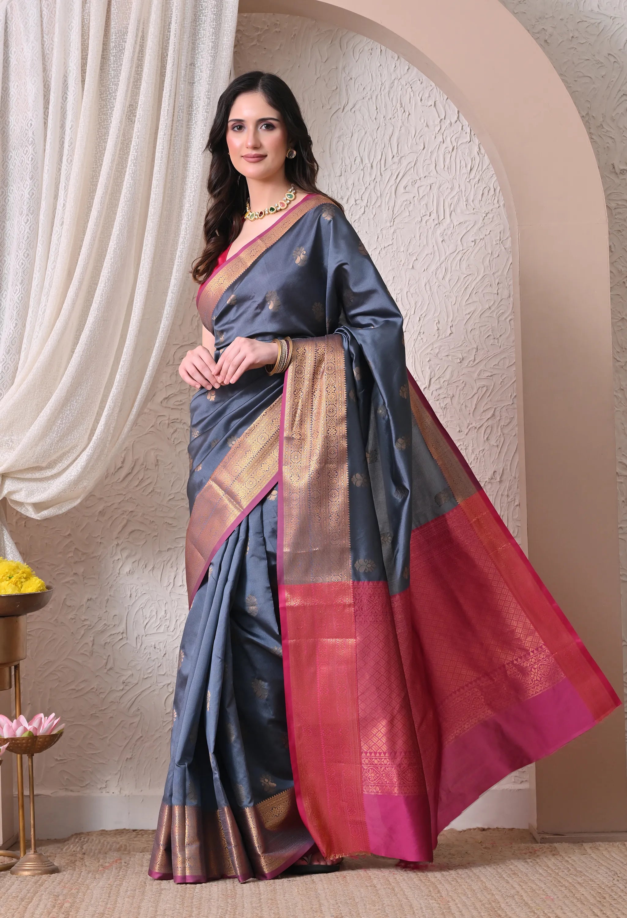 Regal Steel Grey Silk Blend Chanderi Style Saree