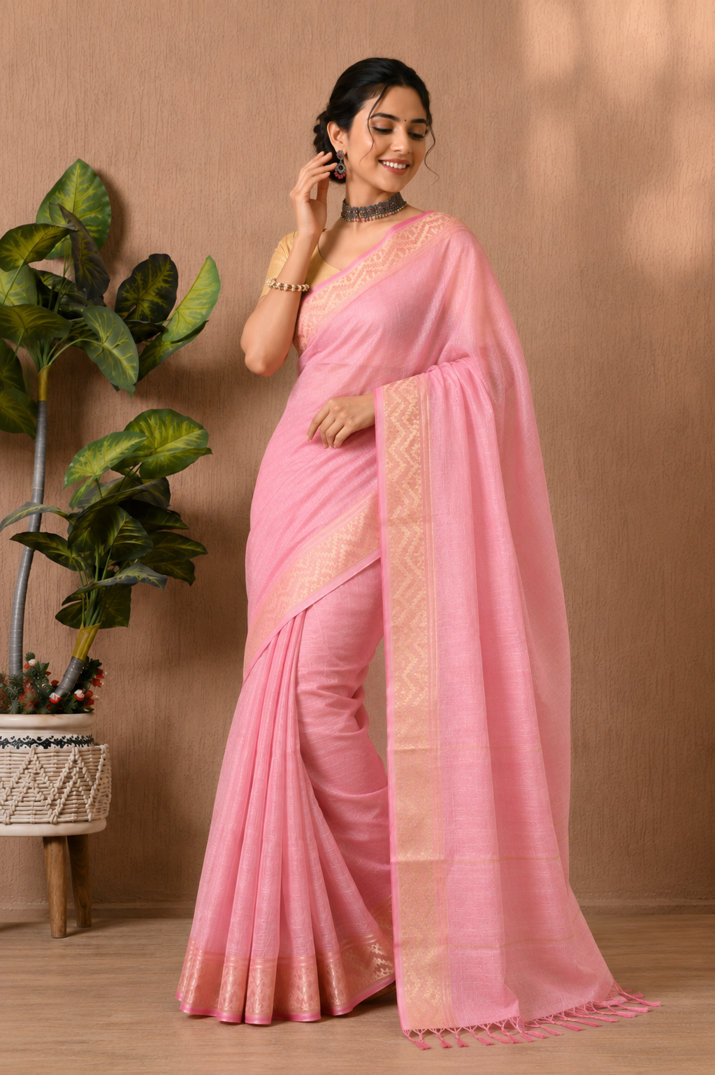 Women Pink Art Silk Saree with Golden Woven Border