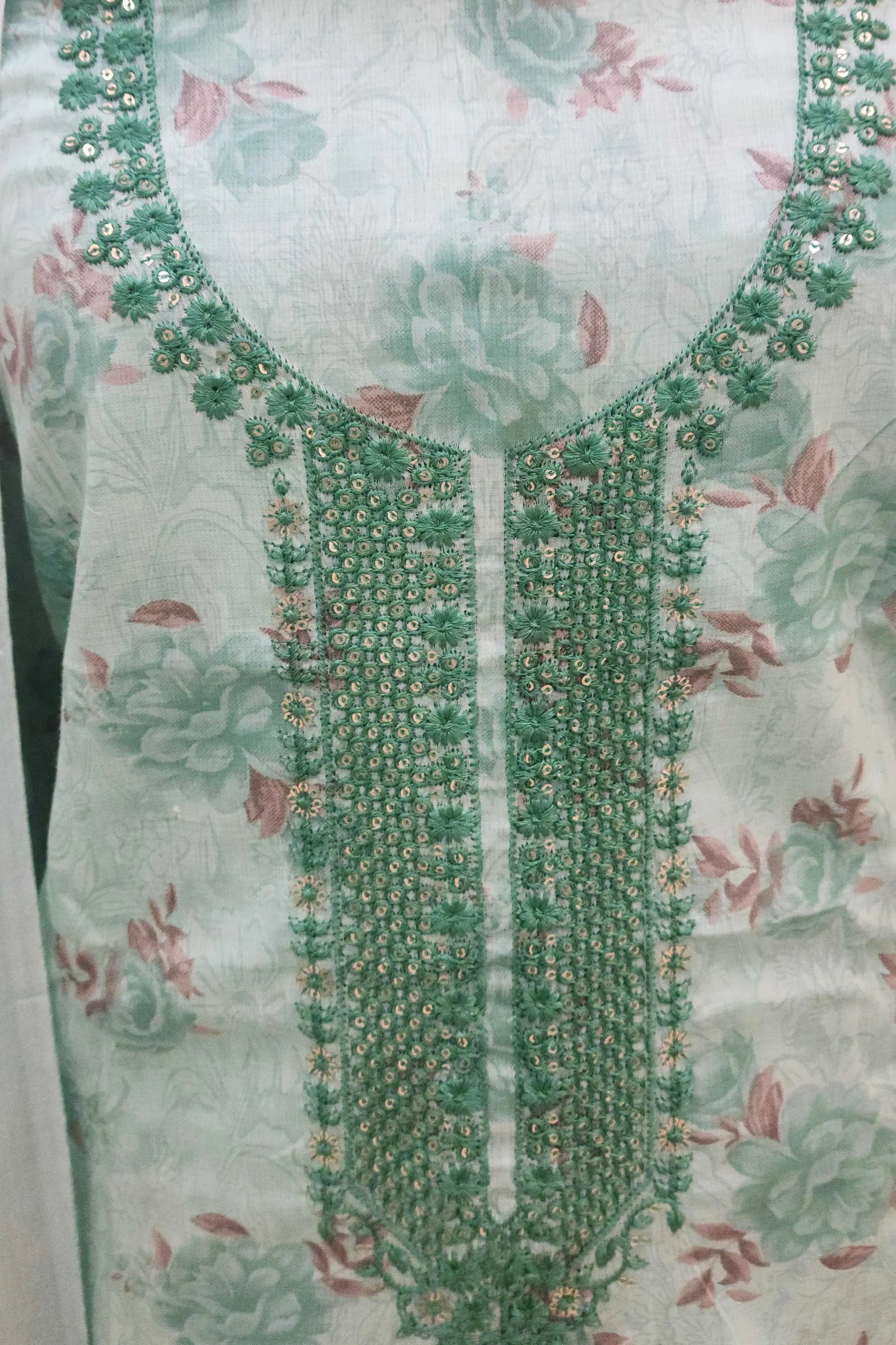 Sea Green & Sage Floral Printed Unstitched Cotton Dress Material with Embroidered Neckline