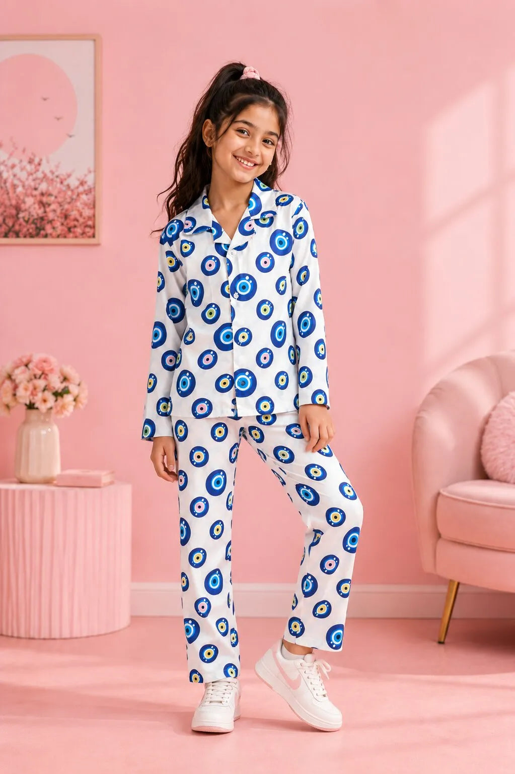 Girls' Evil Eye Printed Premium Satin Night Suit – Full Sleeve Shirt & Pajama Se