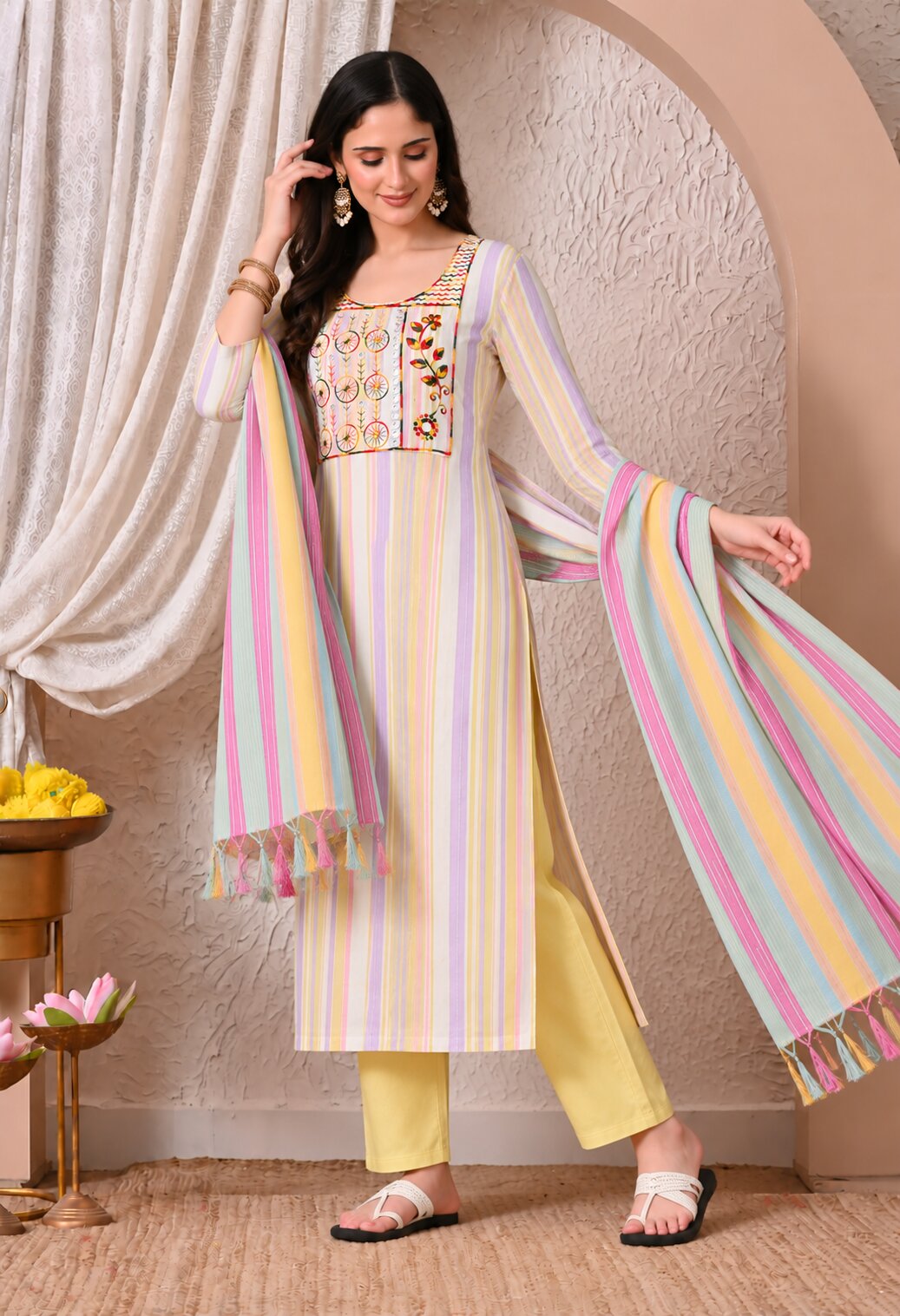 Multicolour Striped Cotton Kurta Set with Matching Dupatta