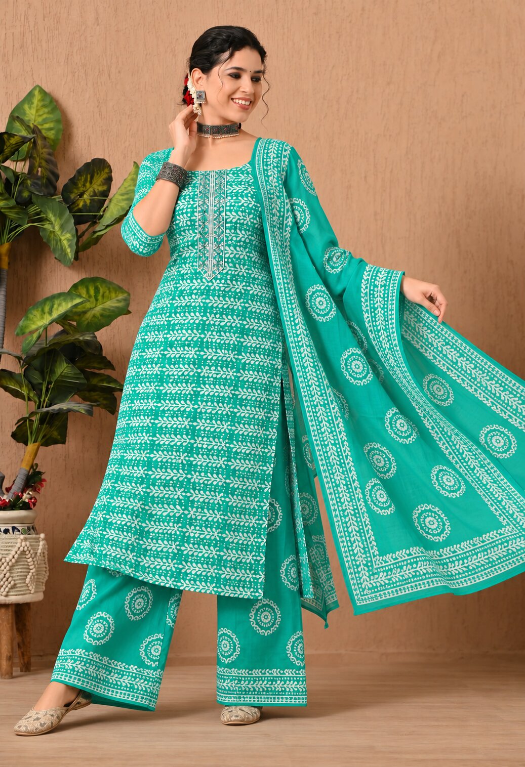 Turquoise Green Cotton Printed Suit Set with Matching Cotton Dupatta