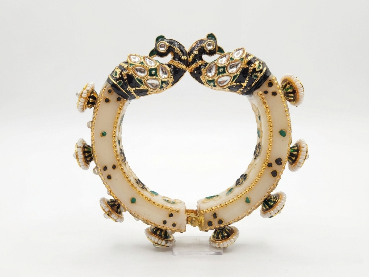 Golden Yellow  & Off-White Peacock Kada with Pearl Droplets