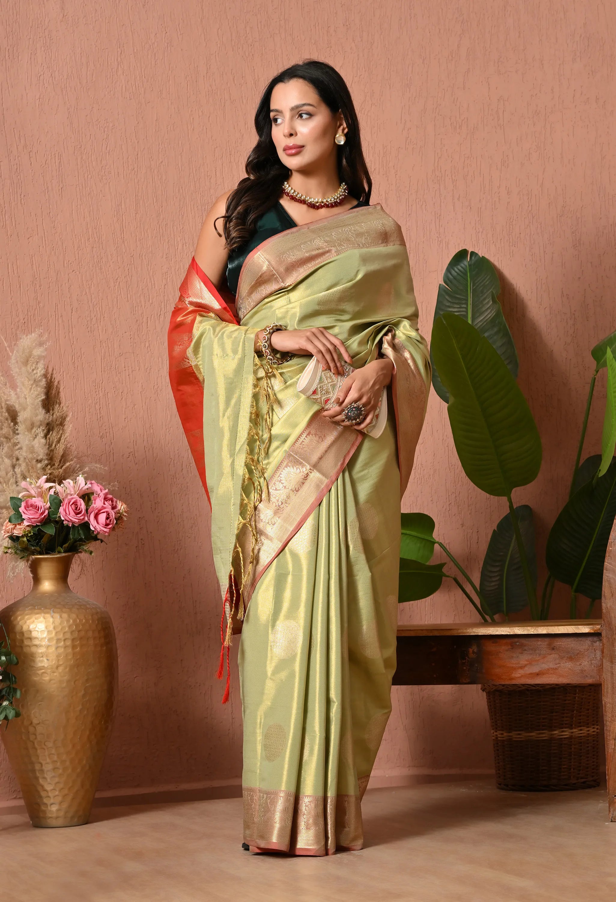 Silk Blend Saree in Pastel Olive & Coral Copper