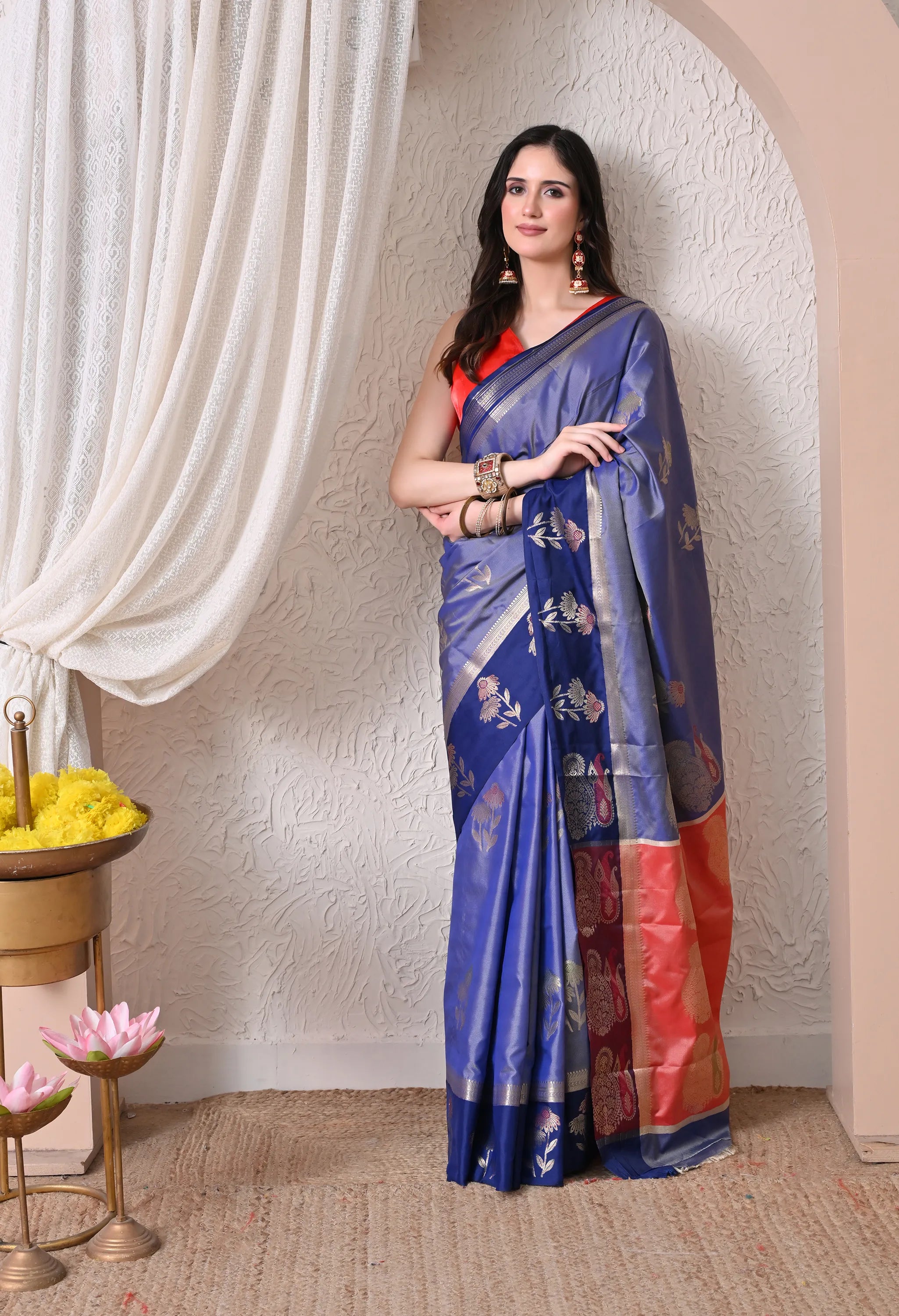 Regal Royal Blue and Navy Silk Blend Floral Banarasi Style Saree