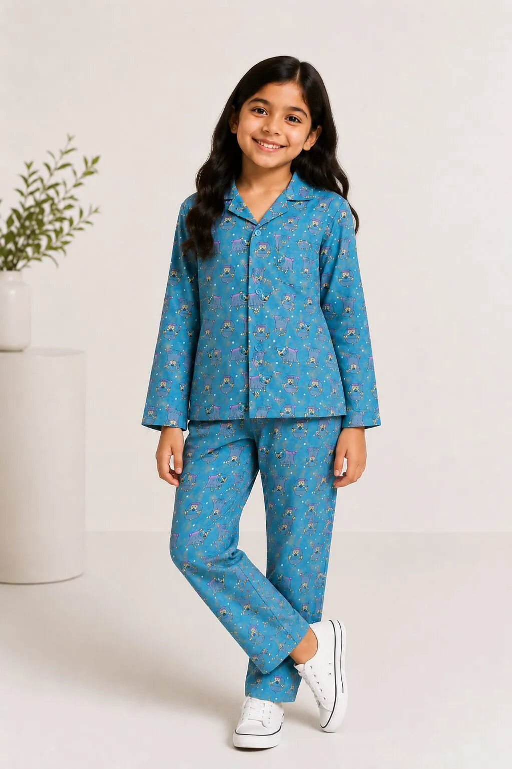 Teal Blue & Grey Hedgehog Print Pure Cotton Girls Night Suit
