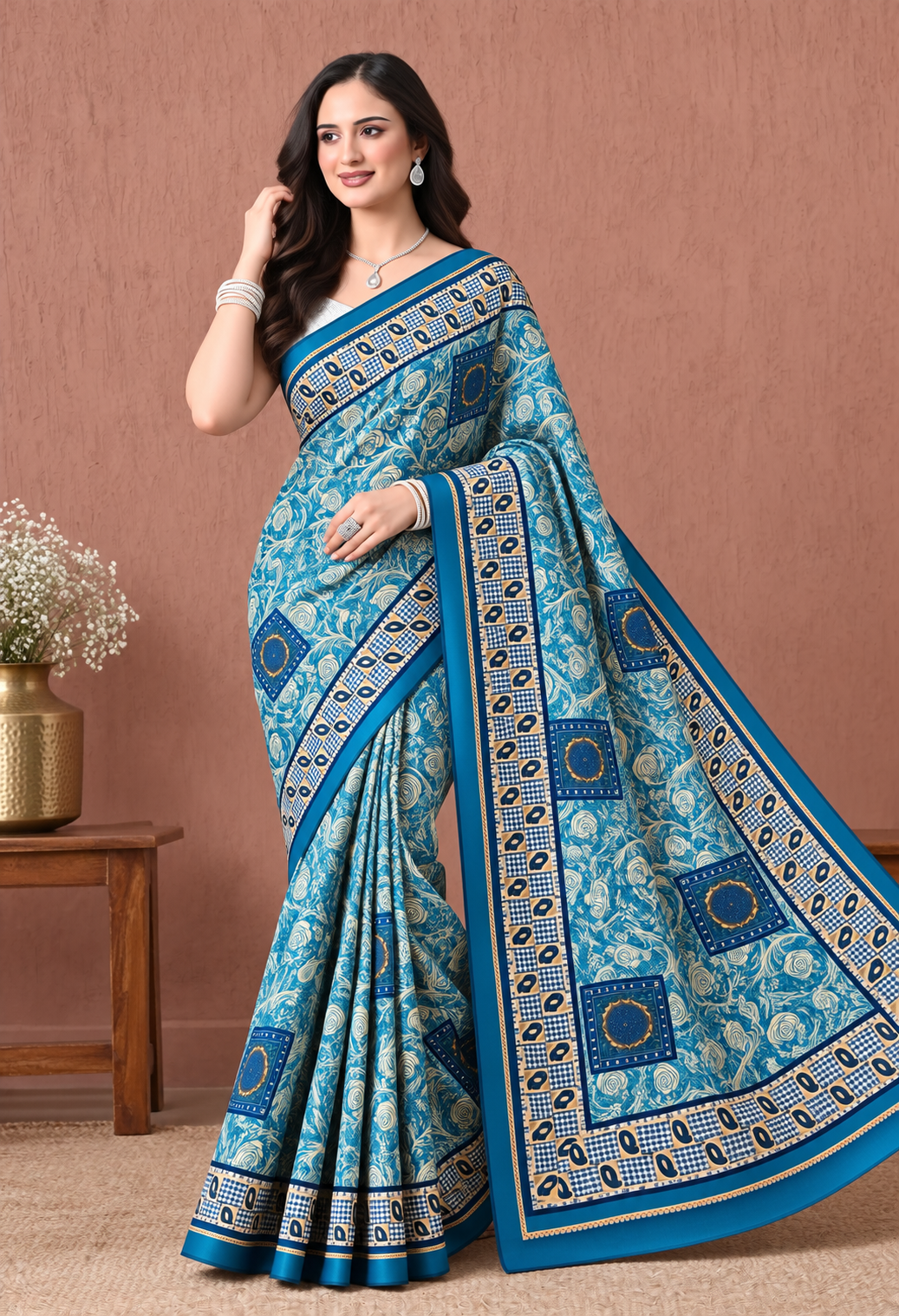 Elegant Teal Blue Chiffon Saree with Traditional Floral Print