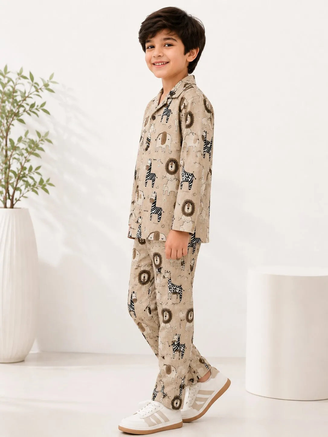 Kids Boys Full Sleeve Collared Pure Cotton Night Suit