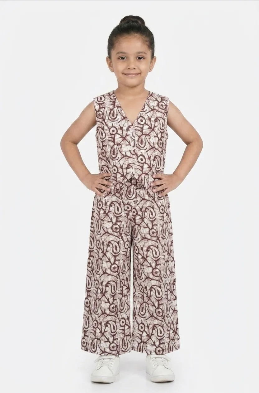 Girls Brown & White Printed Pure Cotton V-Neck Co-ord Set