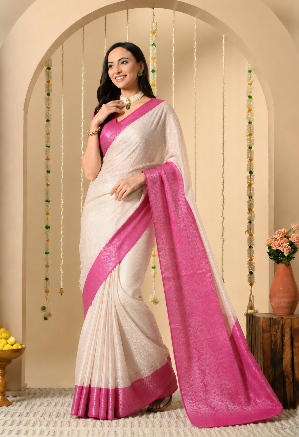 Women Pink & Cream Art Silk Woven Design Saree