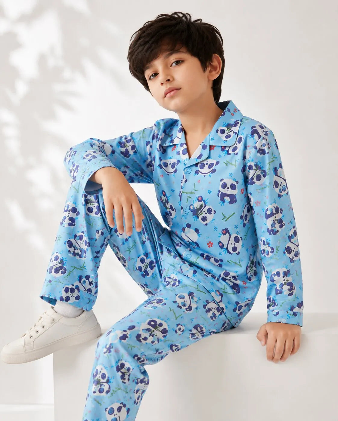 Boys Sky Blue Panda Graphic Printed Satin Night Suit