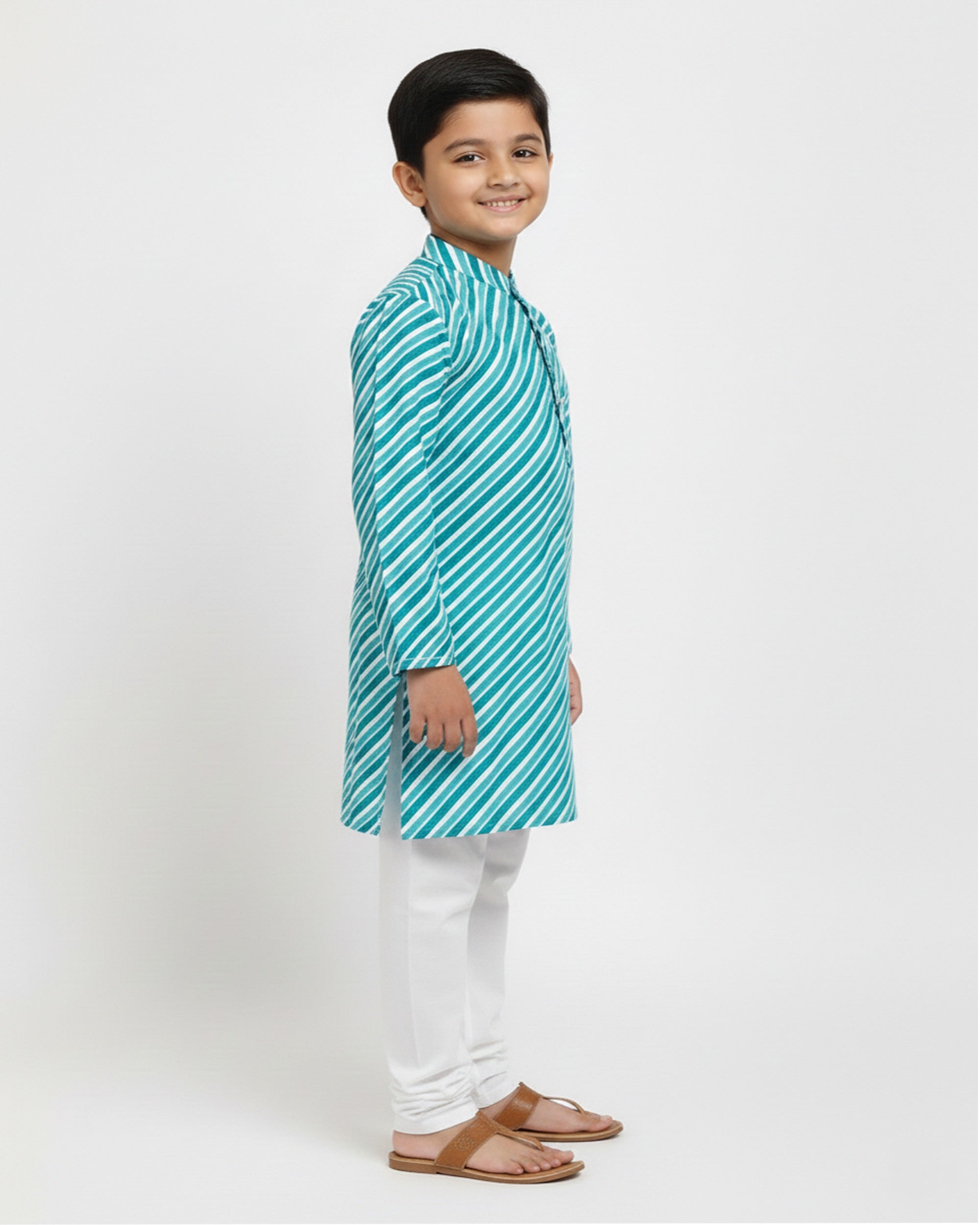 Boys Teal Blue & White Leheriya Printed Pure Cotton Kurta with Pyjamas