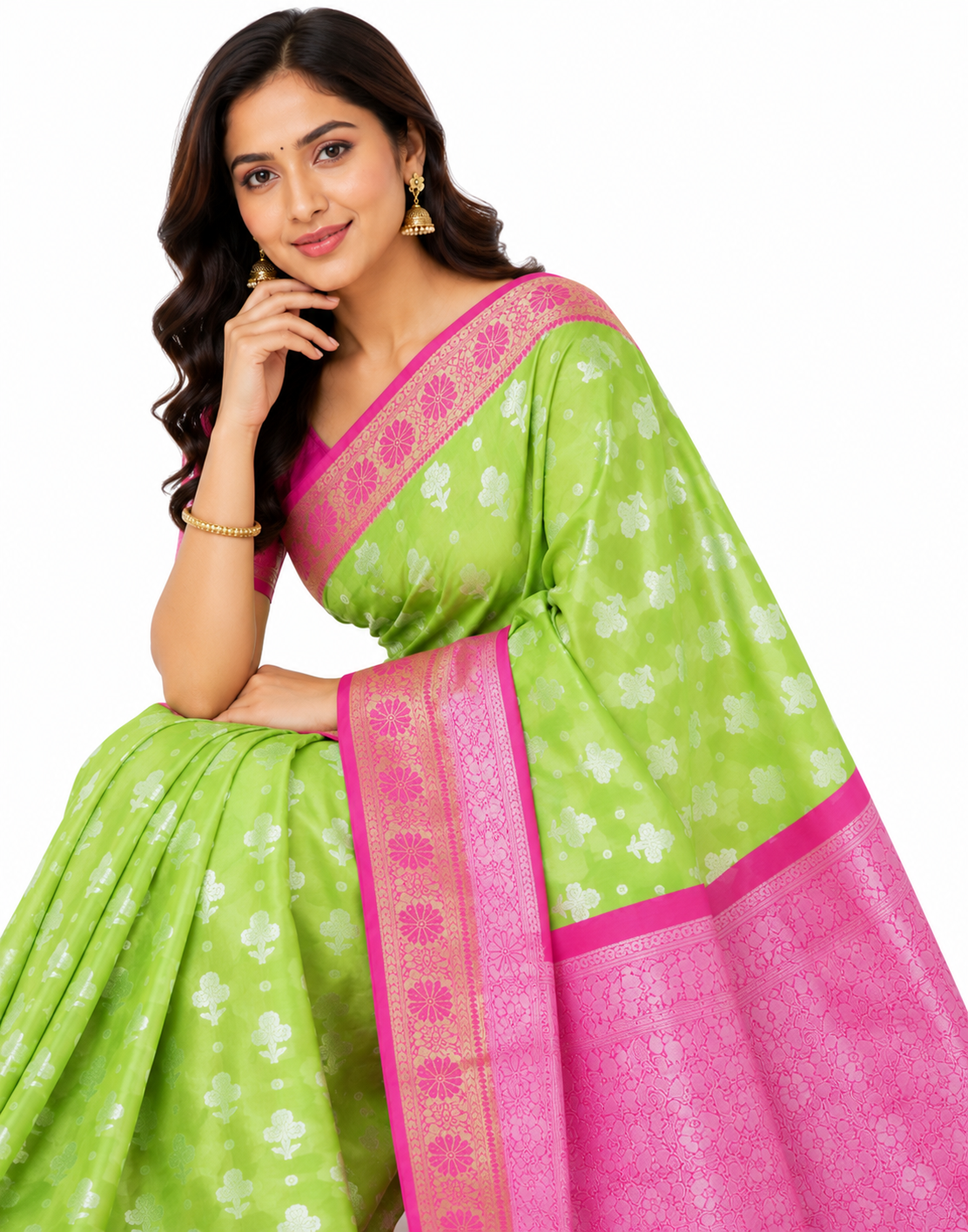 Lime Green & Magenta Silk Blend Woven Design Banarasi Saree with Unstitched Blouse
