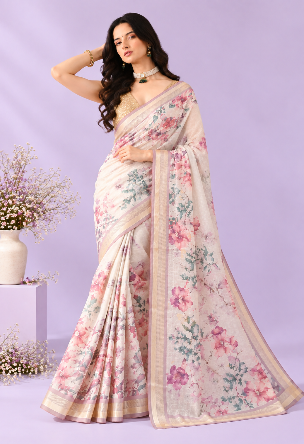 Elegant Ivory Floral Printed Saree with Soft Pink & Green Accents