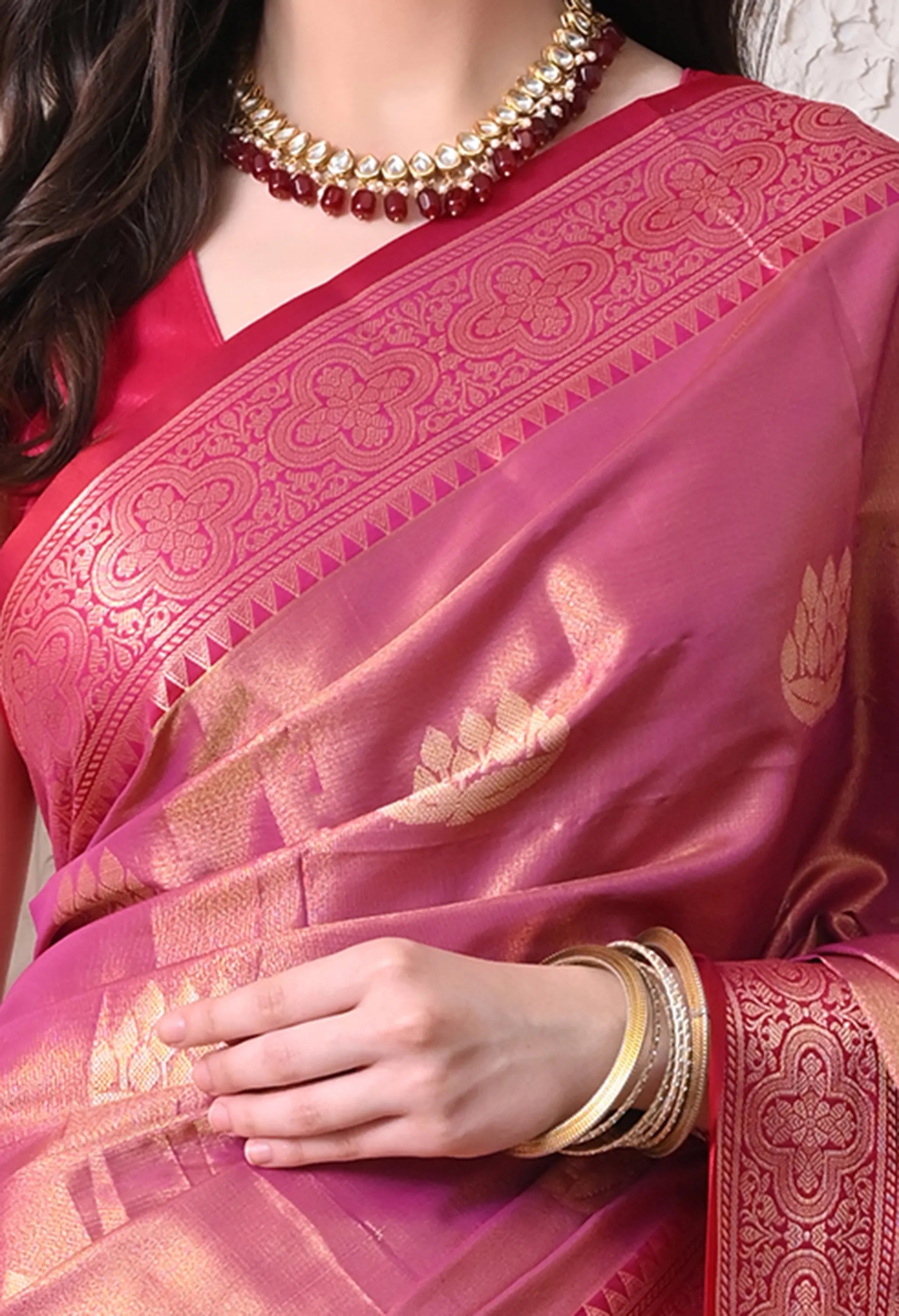 Rani Pink Silk Blend Saree with Gold Lotus Motifs and Contrast Olive Pallu
