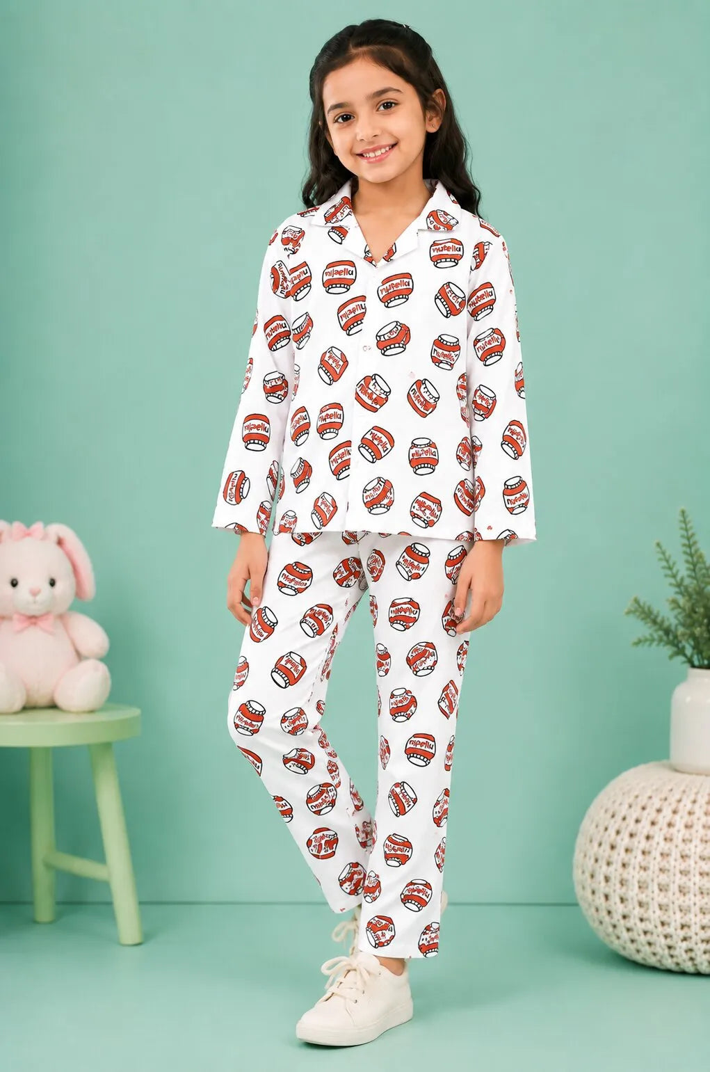 Girls Satin Nutella Print Night Suit – White & Red