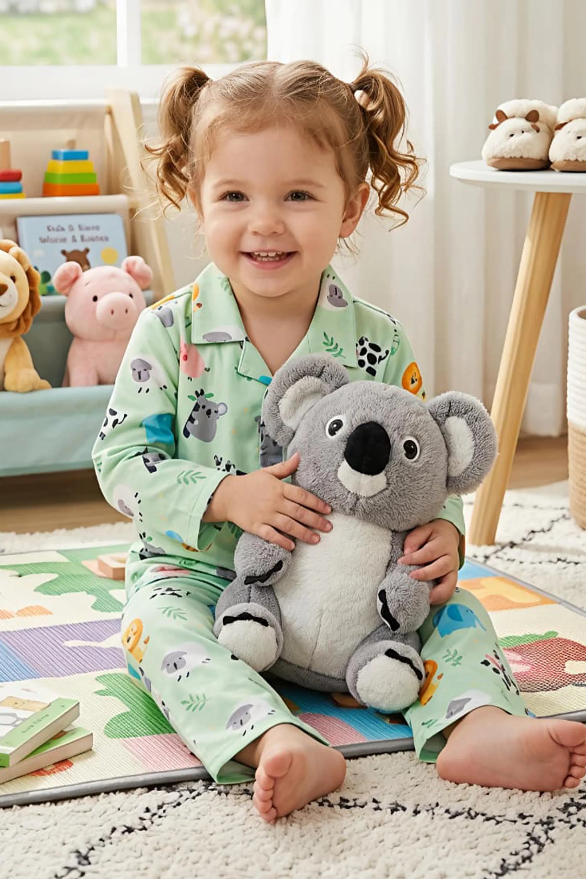 Kids Mint Green Animal Print Satin Nightsuit Set