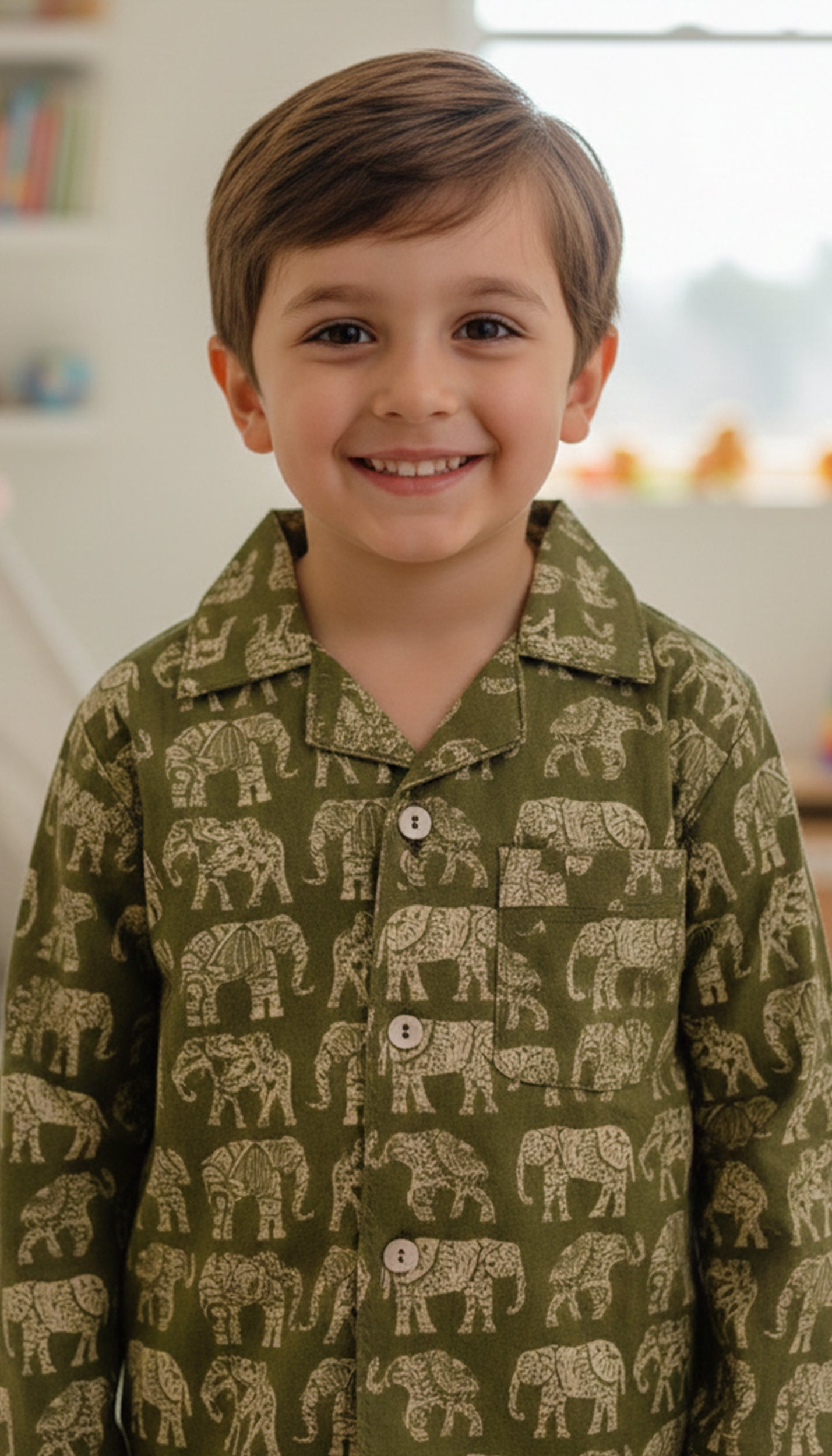 Kids Olive Green & Beige Elephant Print Cotton Lounge Set