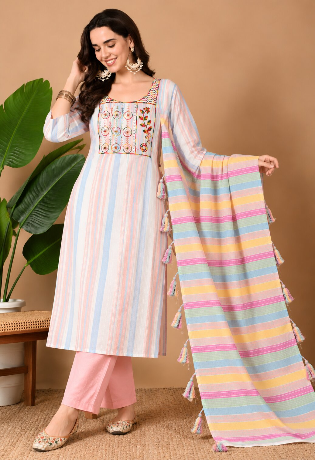 Multicolour Striped Cotton Kurta Set with Pink Pants and Cotton Dupatta for Women