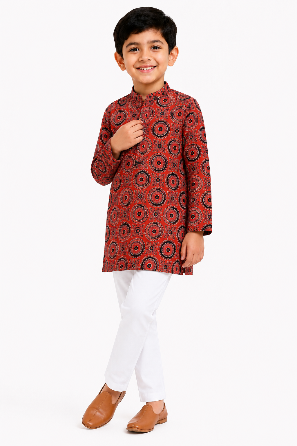 Boys Rust Red & Black Ajrakh-Inspired Mandala Printed Pure Cotton Kurta with Pyjamas