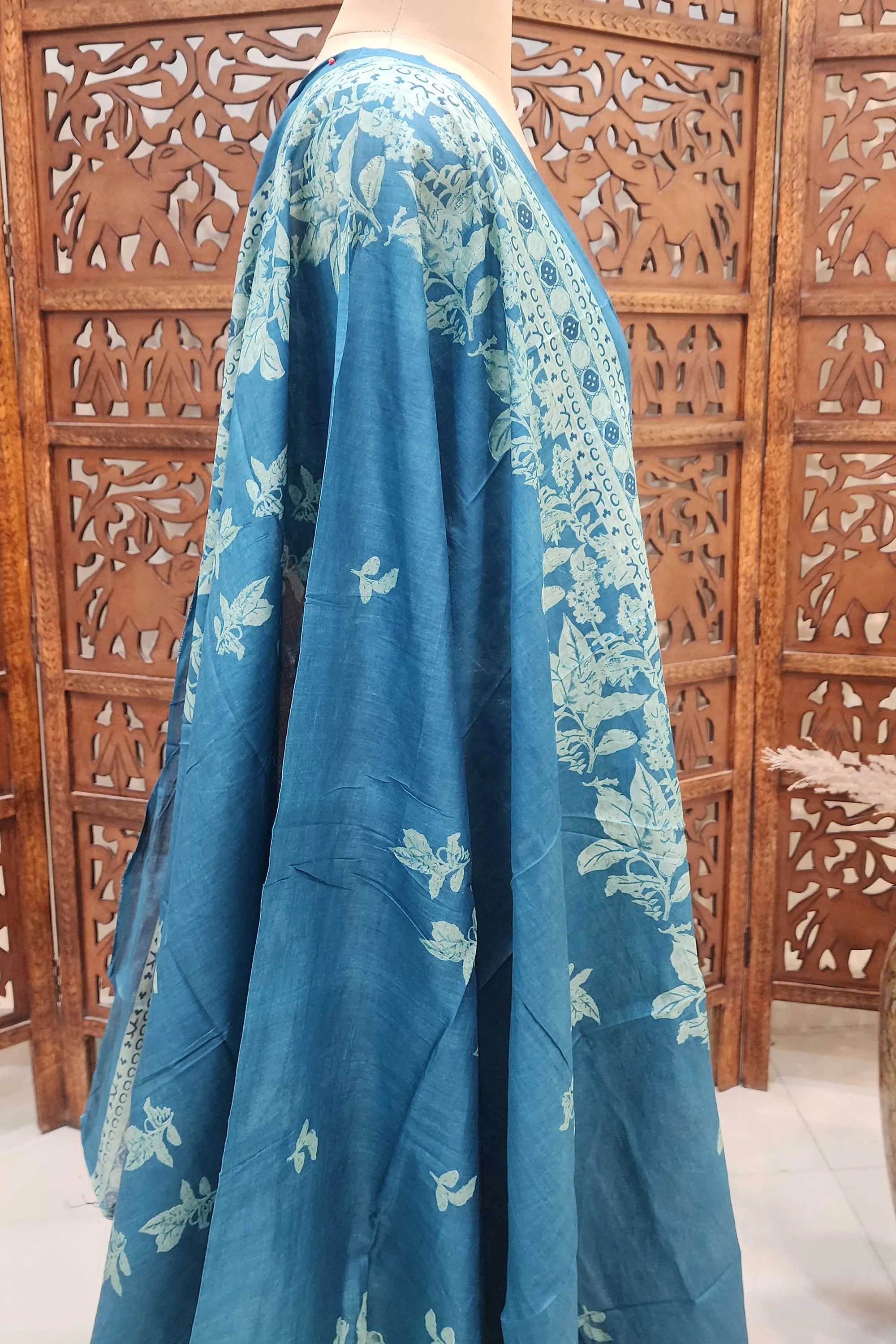 Women Teal & Sea Green Floral Printed Pure Cotton Unstitched Dress Material with Gota Patti Work