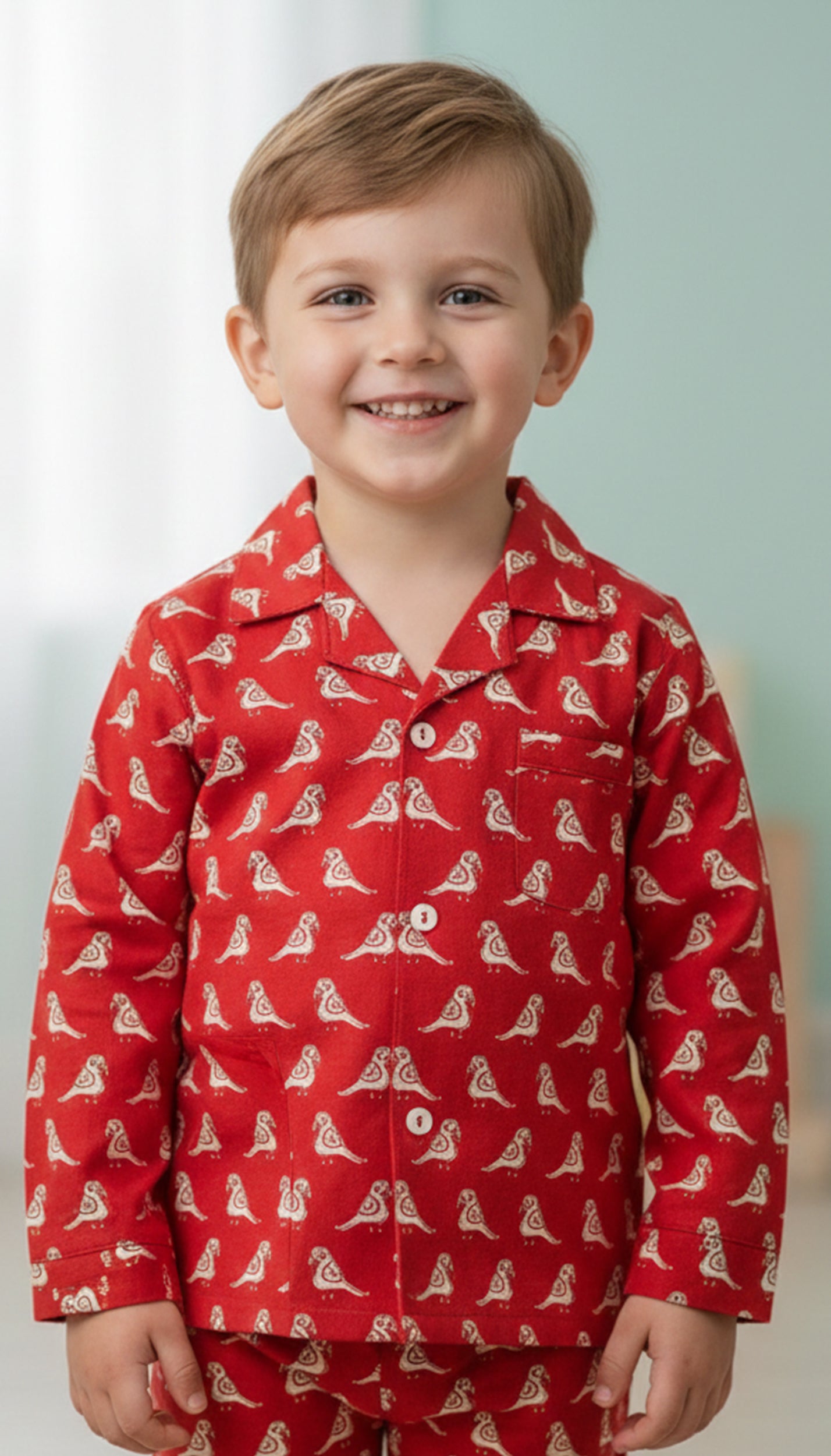 Boys Red & White Bird Print Cotton Night Suit