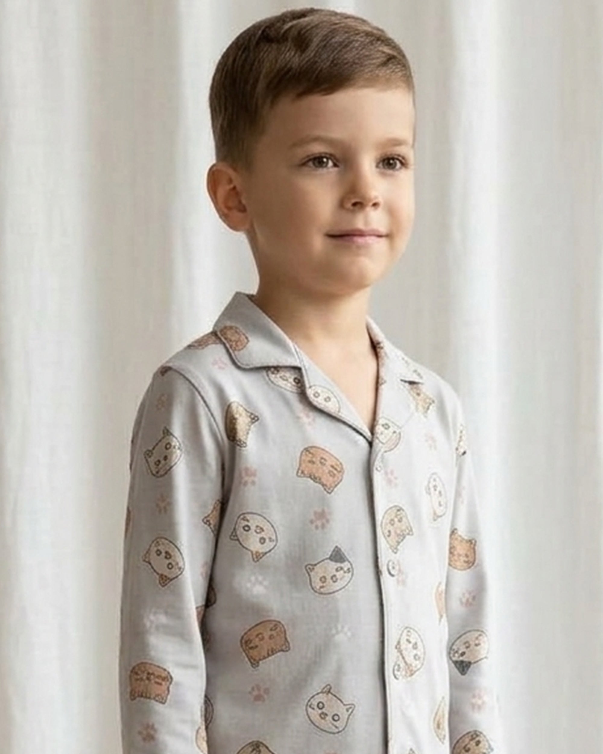 Kids Boys Grey & Orange Cat Printed Satin Night Suit
