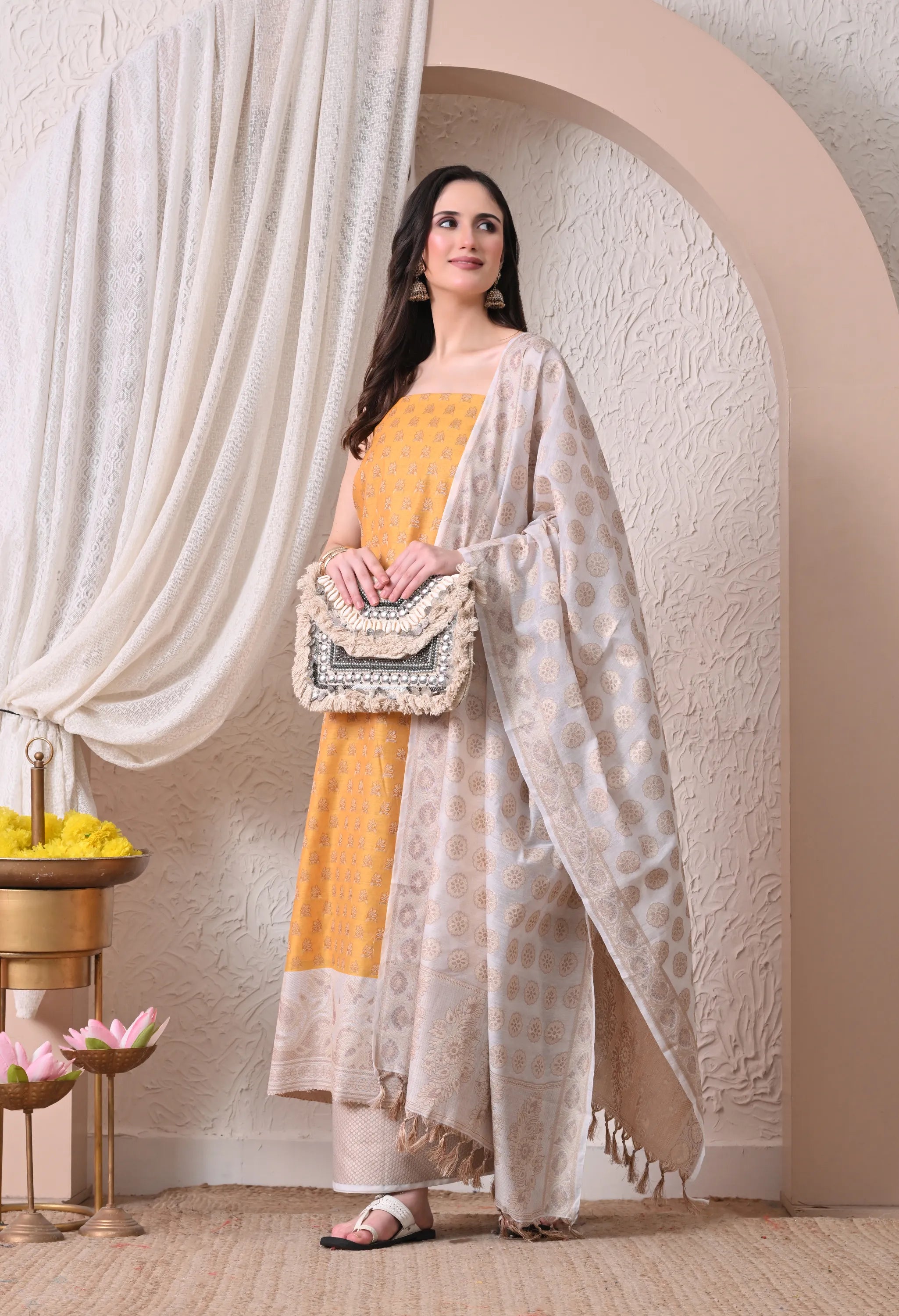 Elegant Mustard Yellow and Off-White Woven Silk Unstitched Salwar Suit Material with Banarasi Style Dupatta
