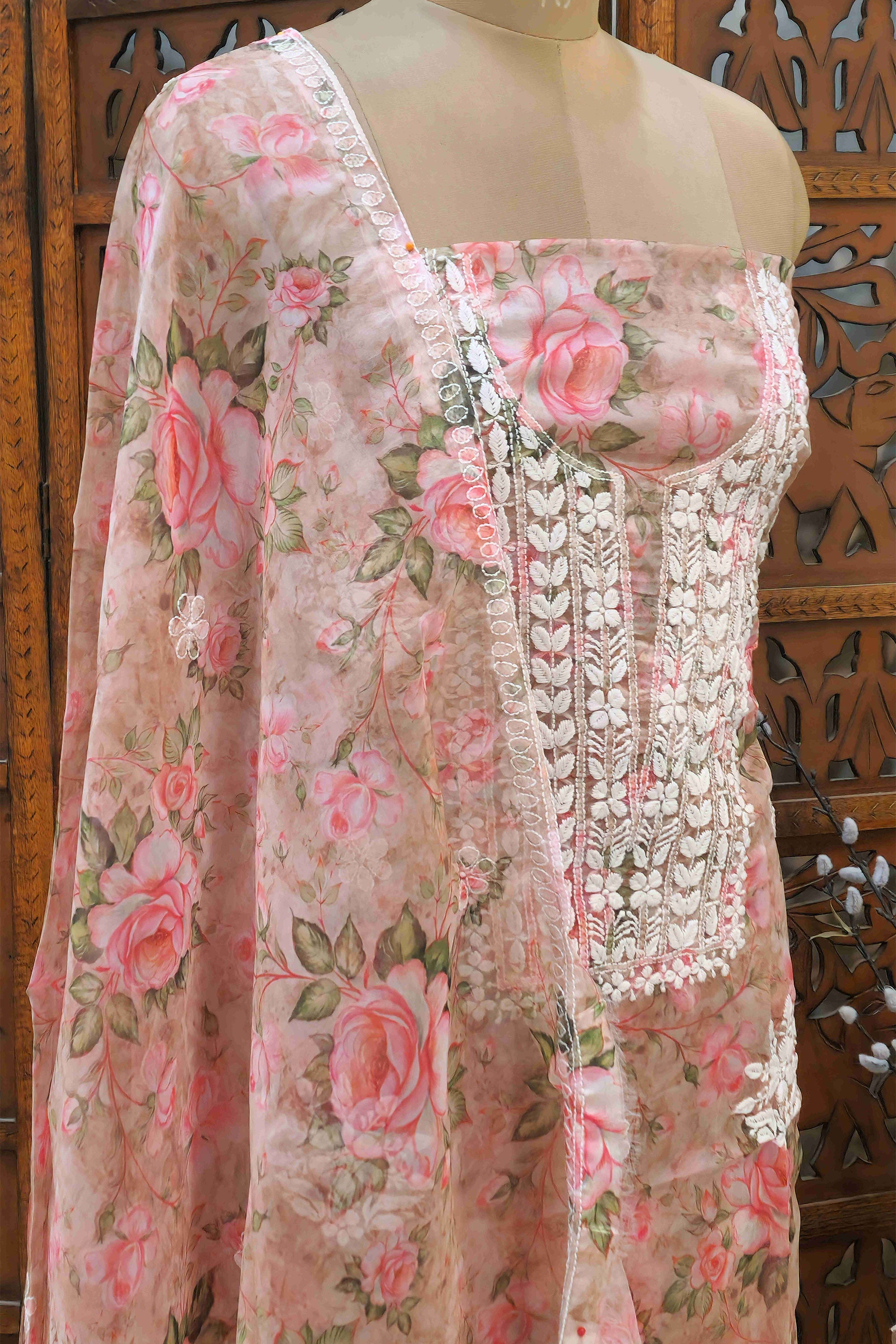 Women Dusty Pink & Rose Floral Printed Organza Unstitched Dress Material with White Chikankari-style Embroidery