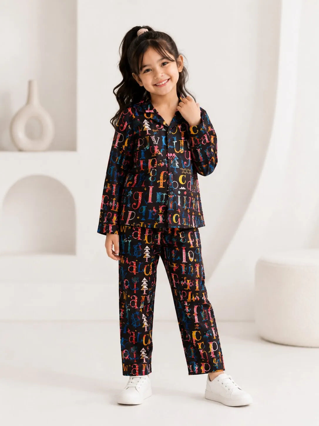 Girls Black & Multicolor Alphabet Print Satin Night Suit