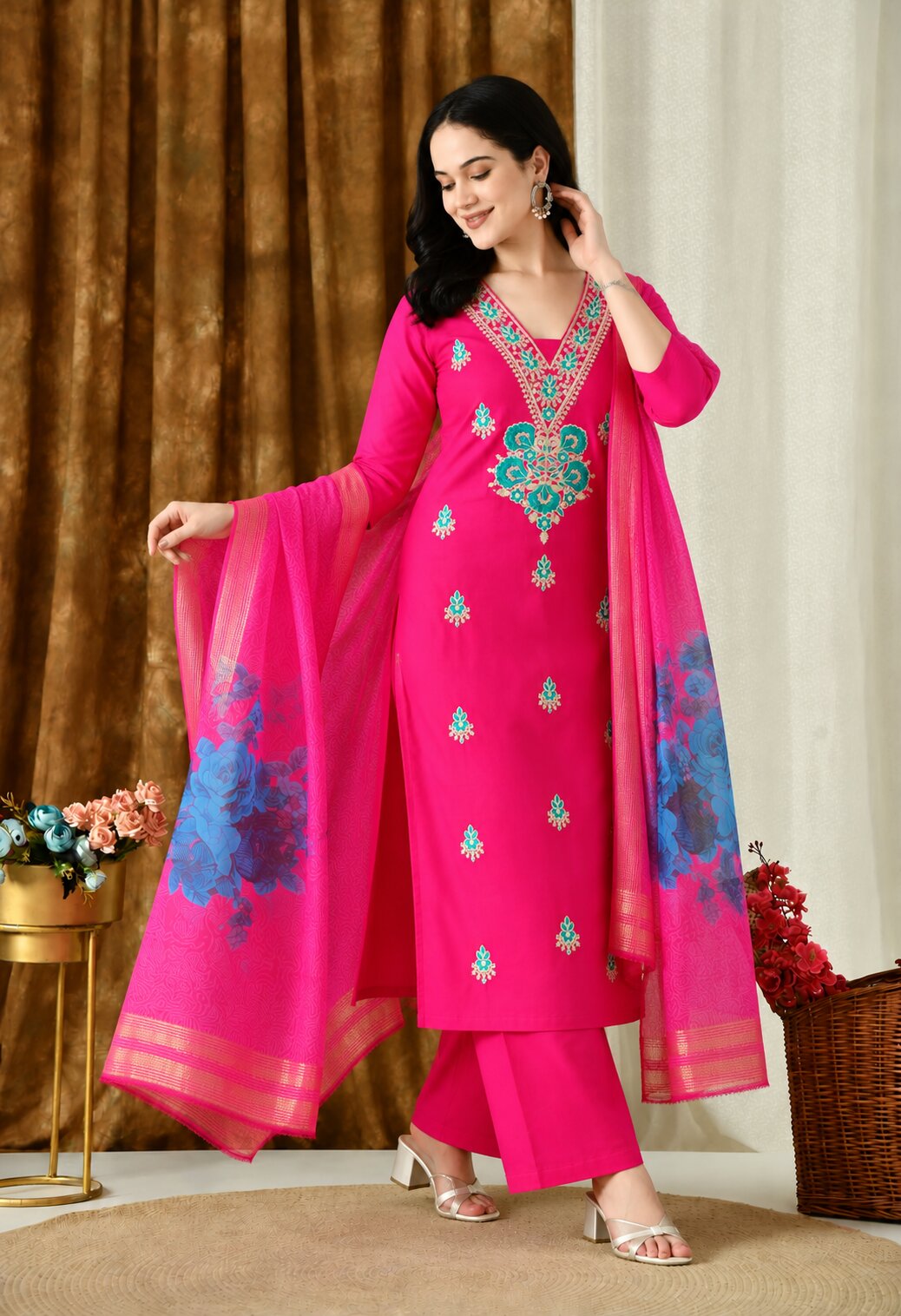Rani Pink Chanderi Silk Embroidered Suit Set with Blue Floral Organza Dupatta for Women