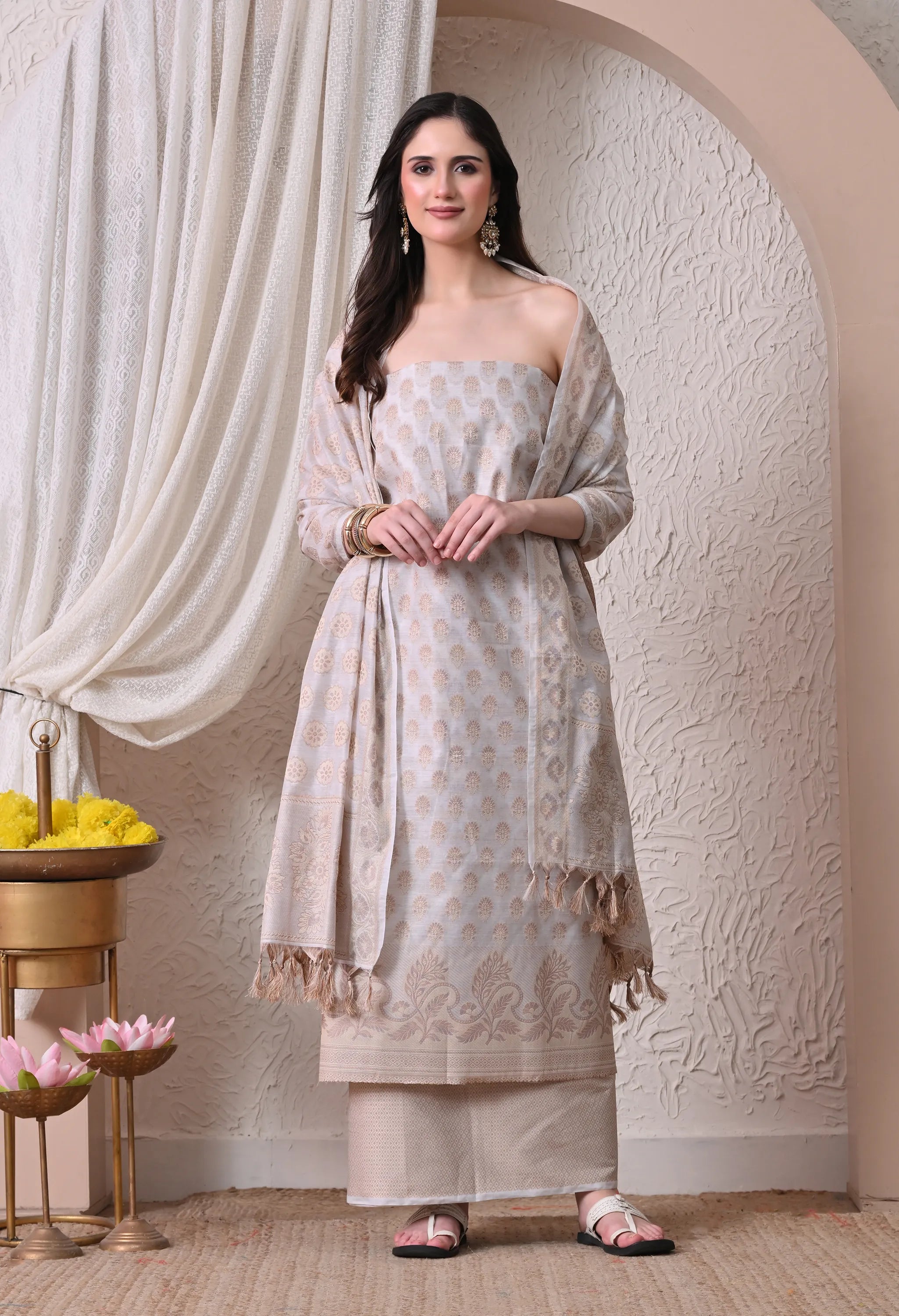 Elegant Off-White and Gold Woven Silk Unstitched Salwar Suit Material with Banarasi Style Dupatta