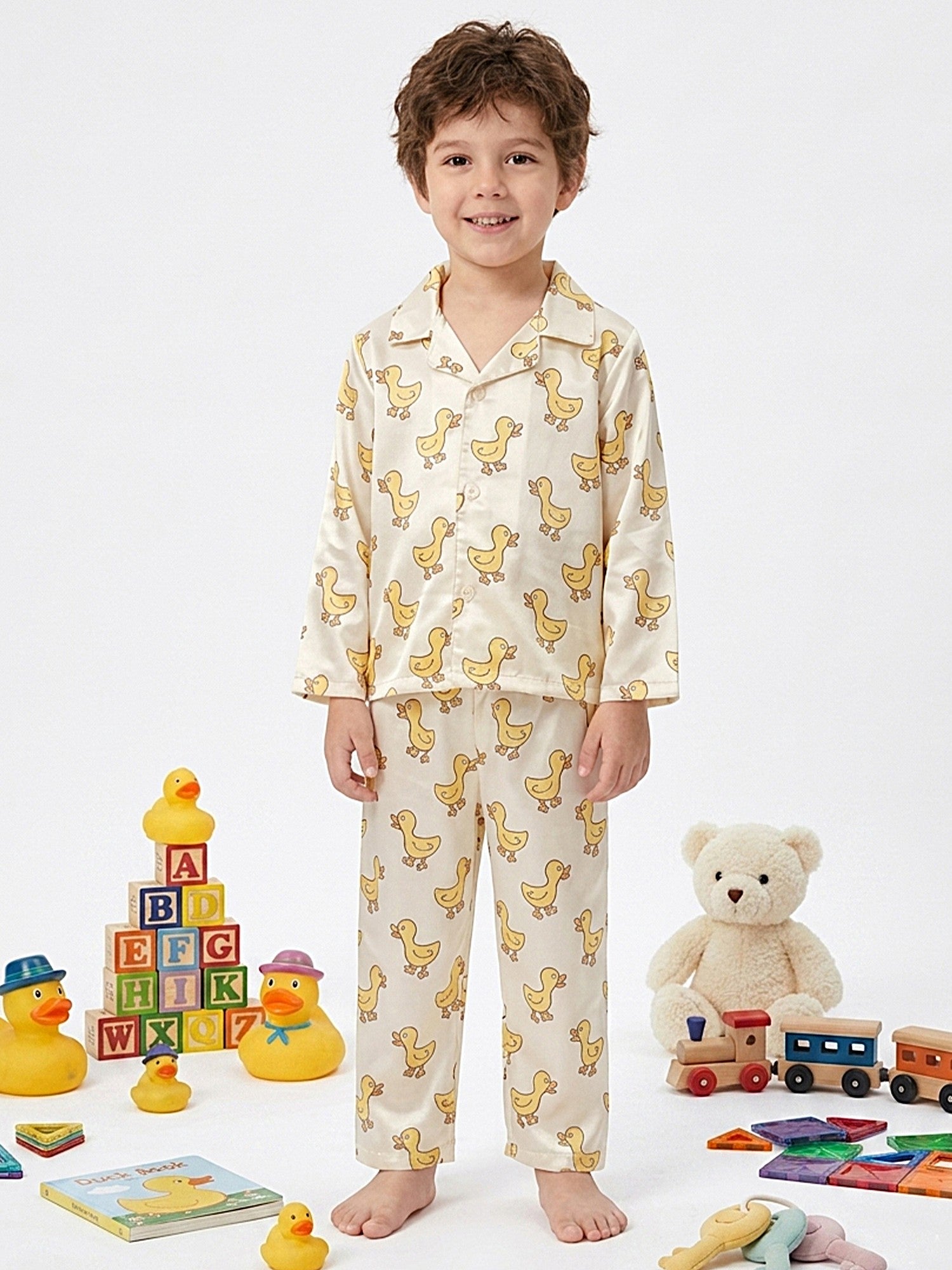 Boys Off-White & Yellow Satin Duck Printed Nightsuit