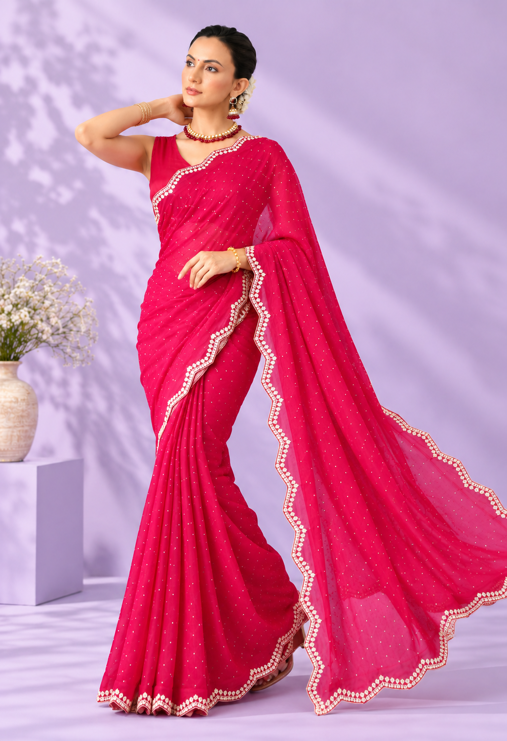 Elegant Rani Pink Saree with Dotted Pattern & Delicate Scalloped Border