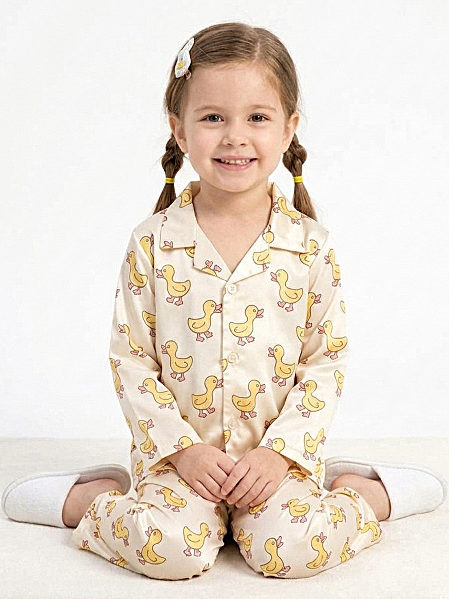 Girls Off-White & Yellow Satin Duck Printed Nightsuit