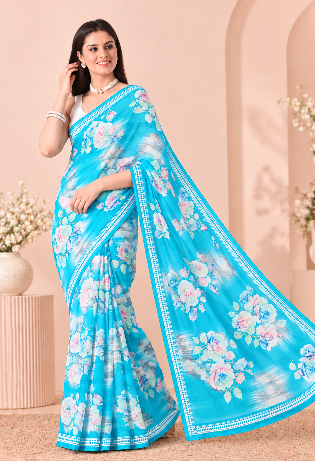 Elegant Green Silk blend Saree with Floral Print
