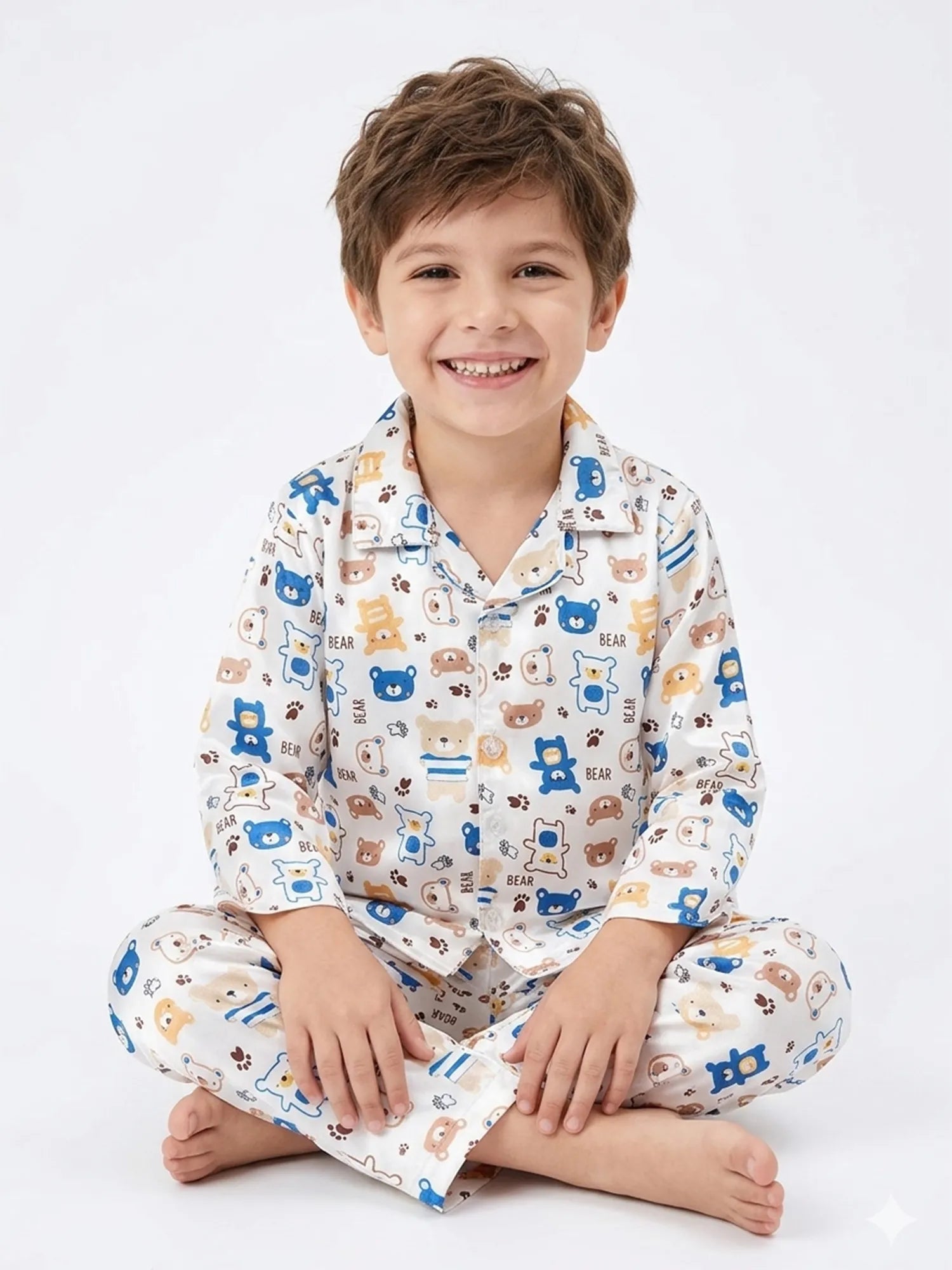 Boys' Bear Print Luxury Satin Night Suit – Full Sleeve Shirt & Pajama Sleepwear Set