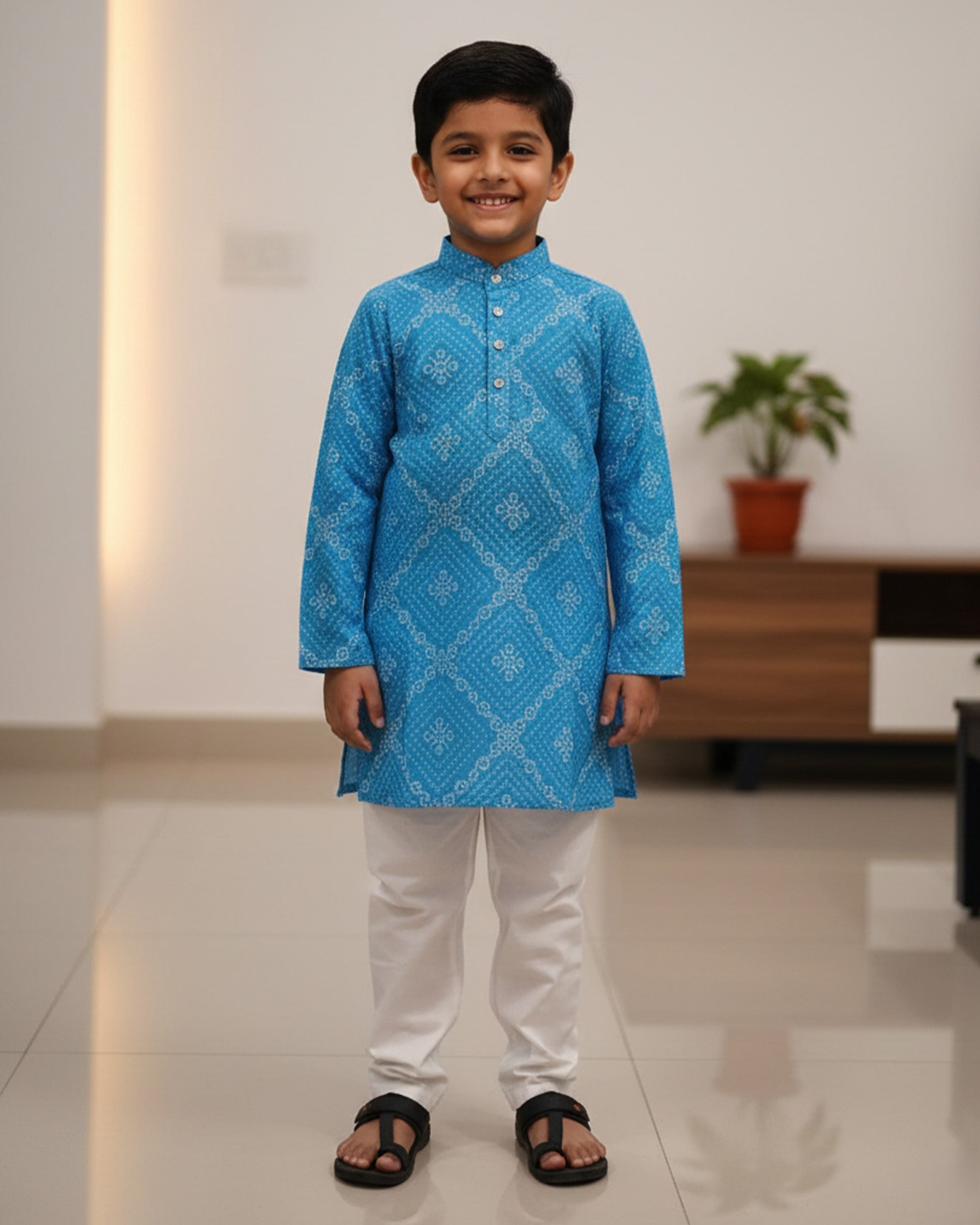 Boys Blue & White Bandhani Printed Kurta with Dhoti Pants