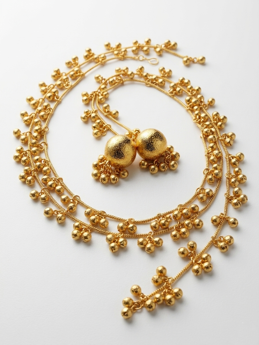 Antique Gold-Plated Sahare Earrings with Textured Orb & Ghungroo Drops