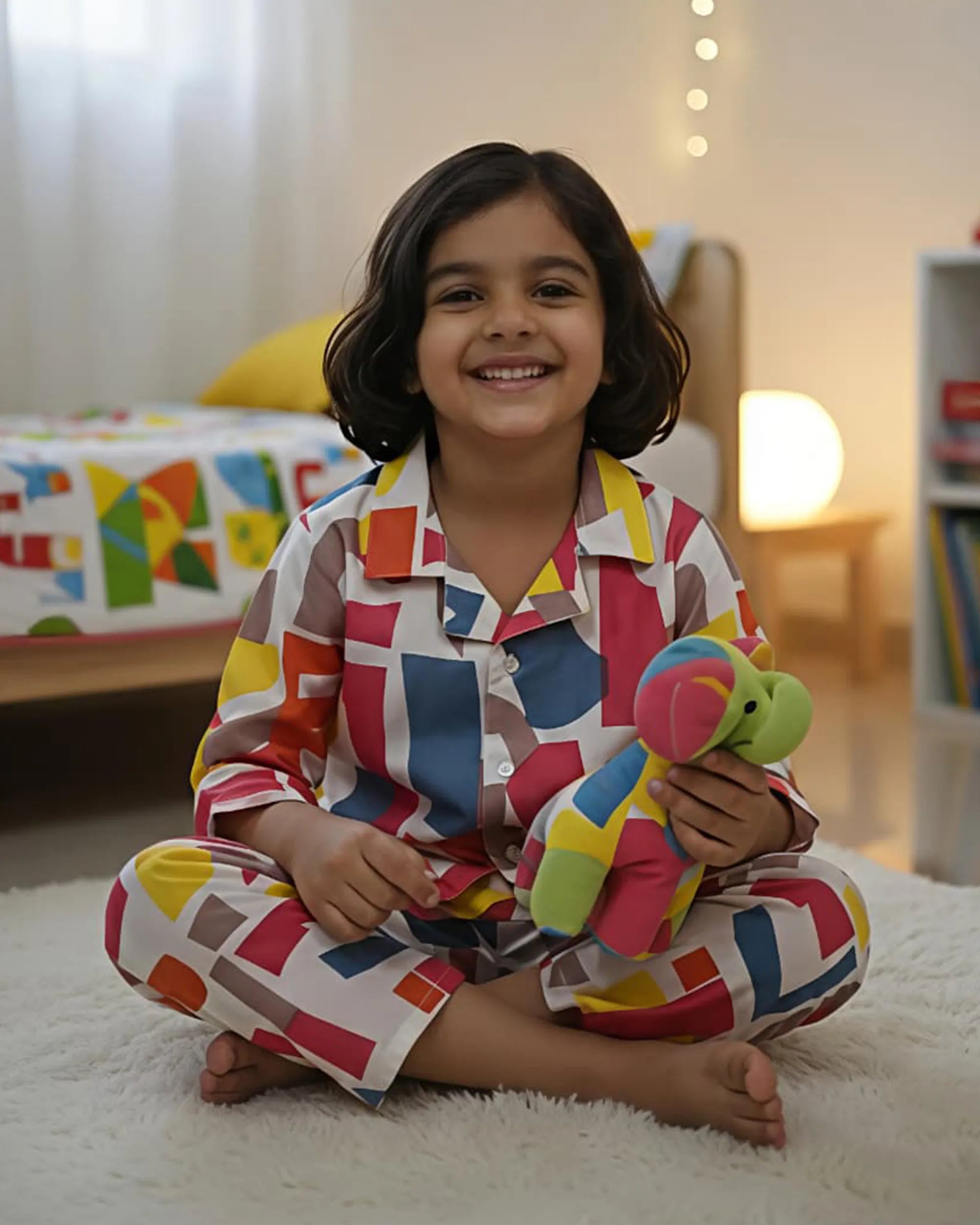 Girls Multi-Colored Abstract Geometric Print Pure Cotton Night Suit