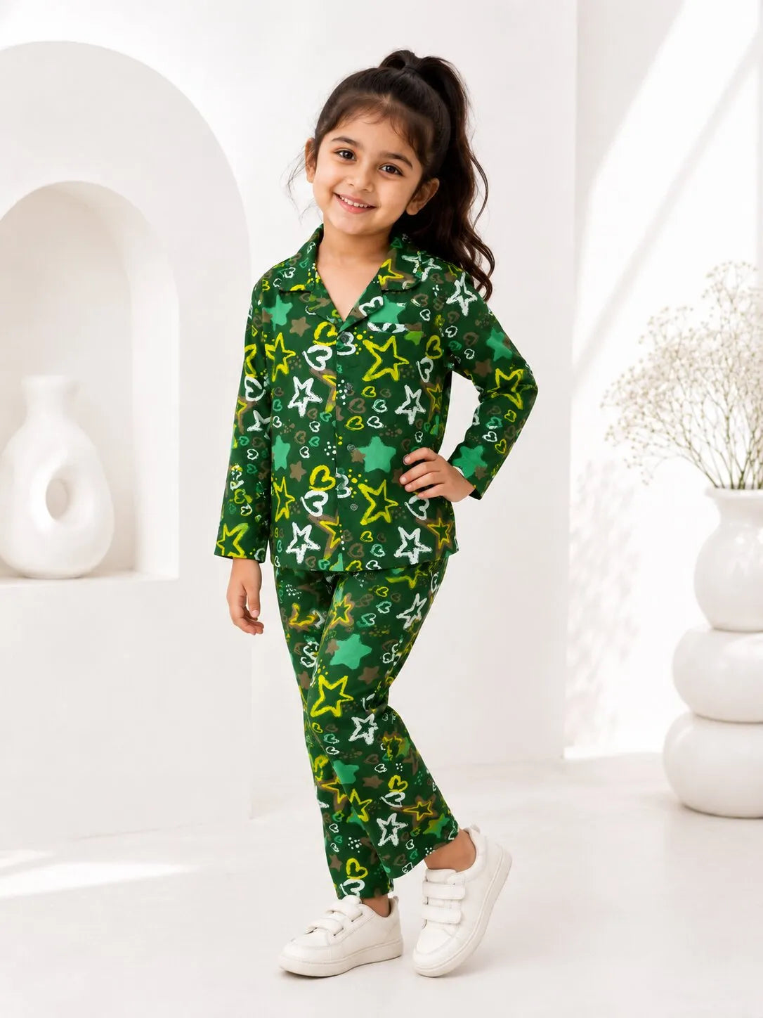 Girs  Pure Cotton Olive Green Star & Heart Print Night Suit