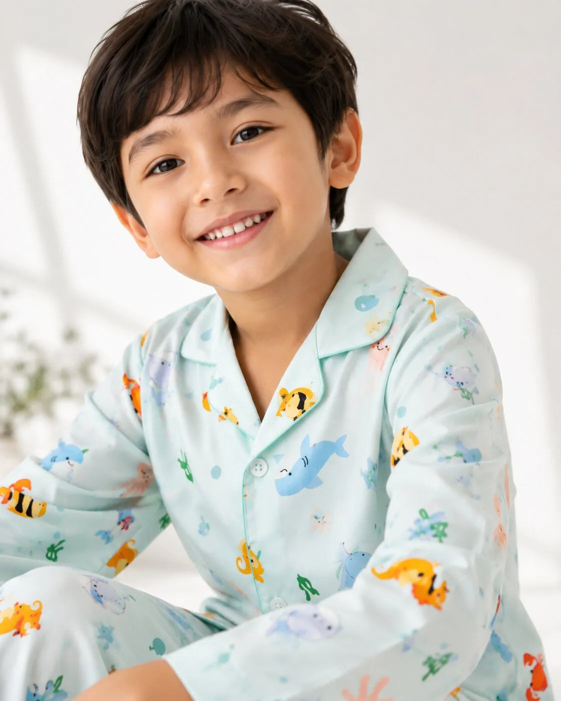 Kids Blue Sea-Life Printed Satin Long-Sleeved Night suit