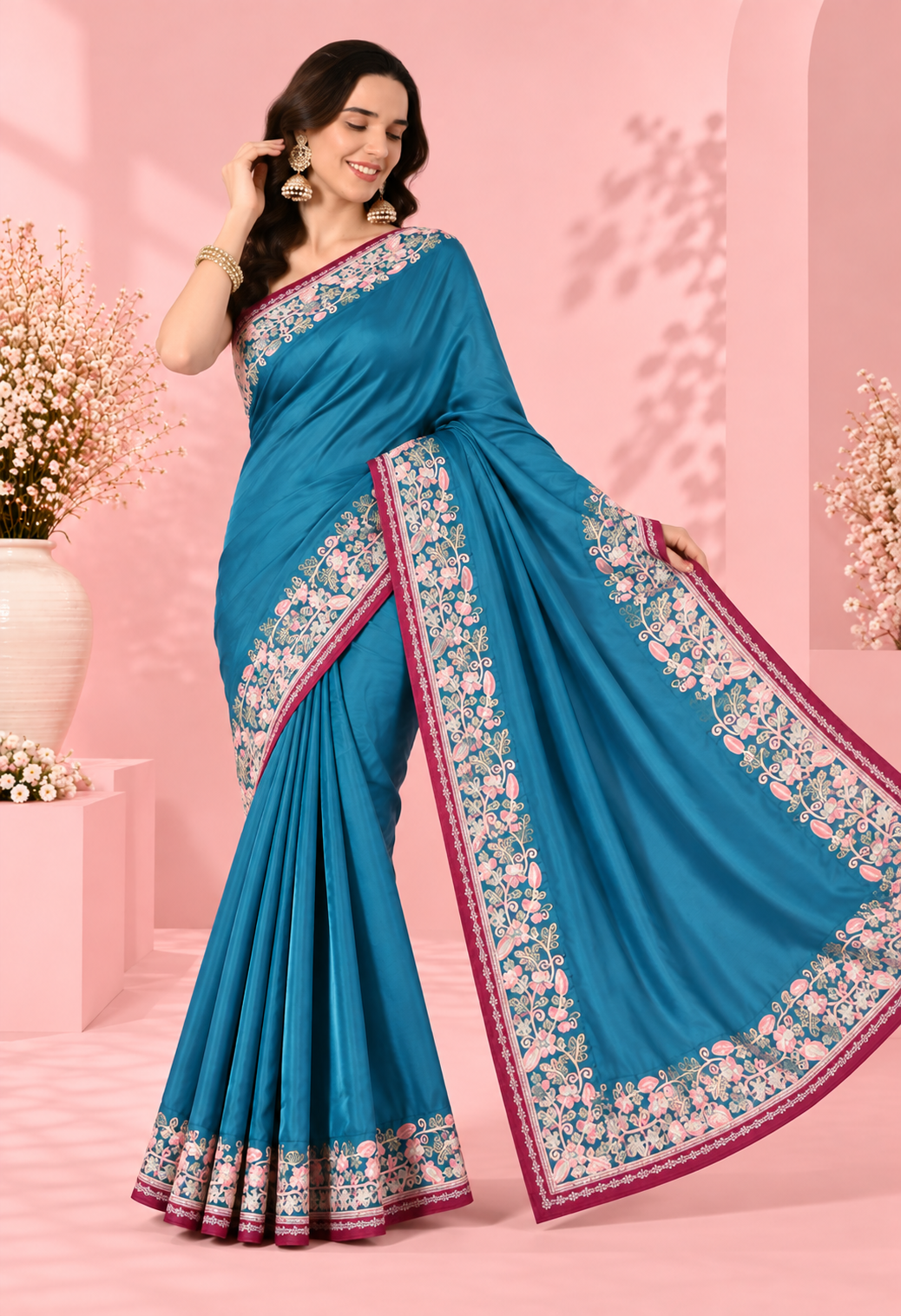 Elegant Teal Blue Floral Border Saree with Rich Pink Accents