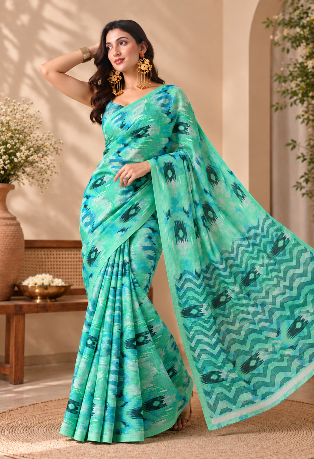 Aqua Green Printed Saree with Peacock-Inspired Motifs & Designer Pallu