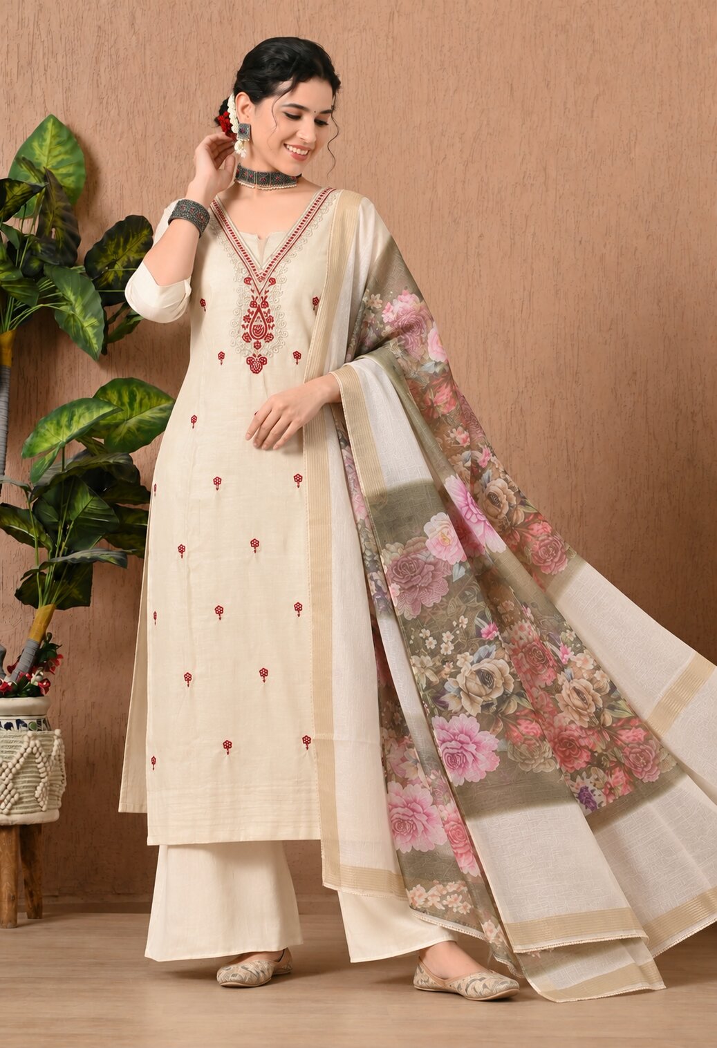 Cream Chanderi Silk Embroidered Suit Set with Floral Organza Dupatta for Women